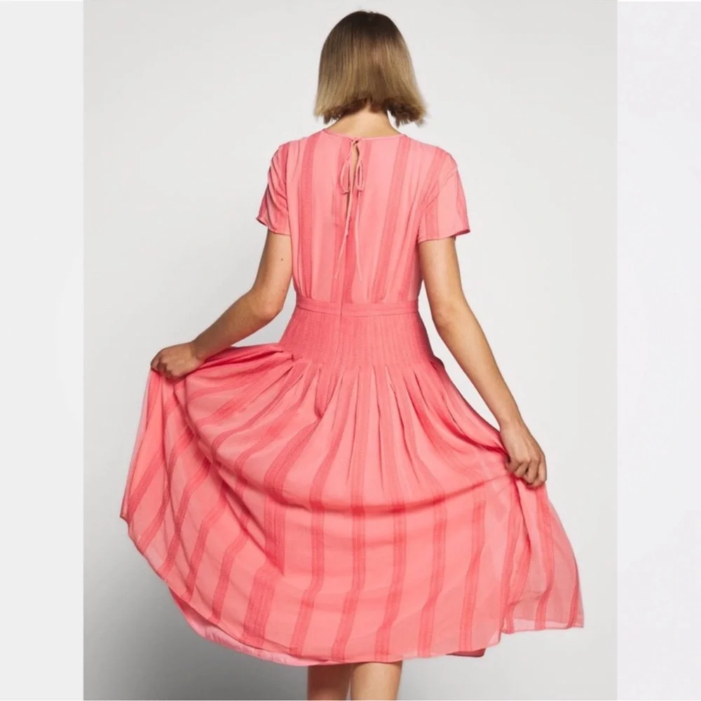 J. Crew Embroidered Flowy Chiffon Short Sleeve Pleated Skirt Midi Dress Pink 6
